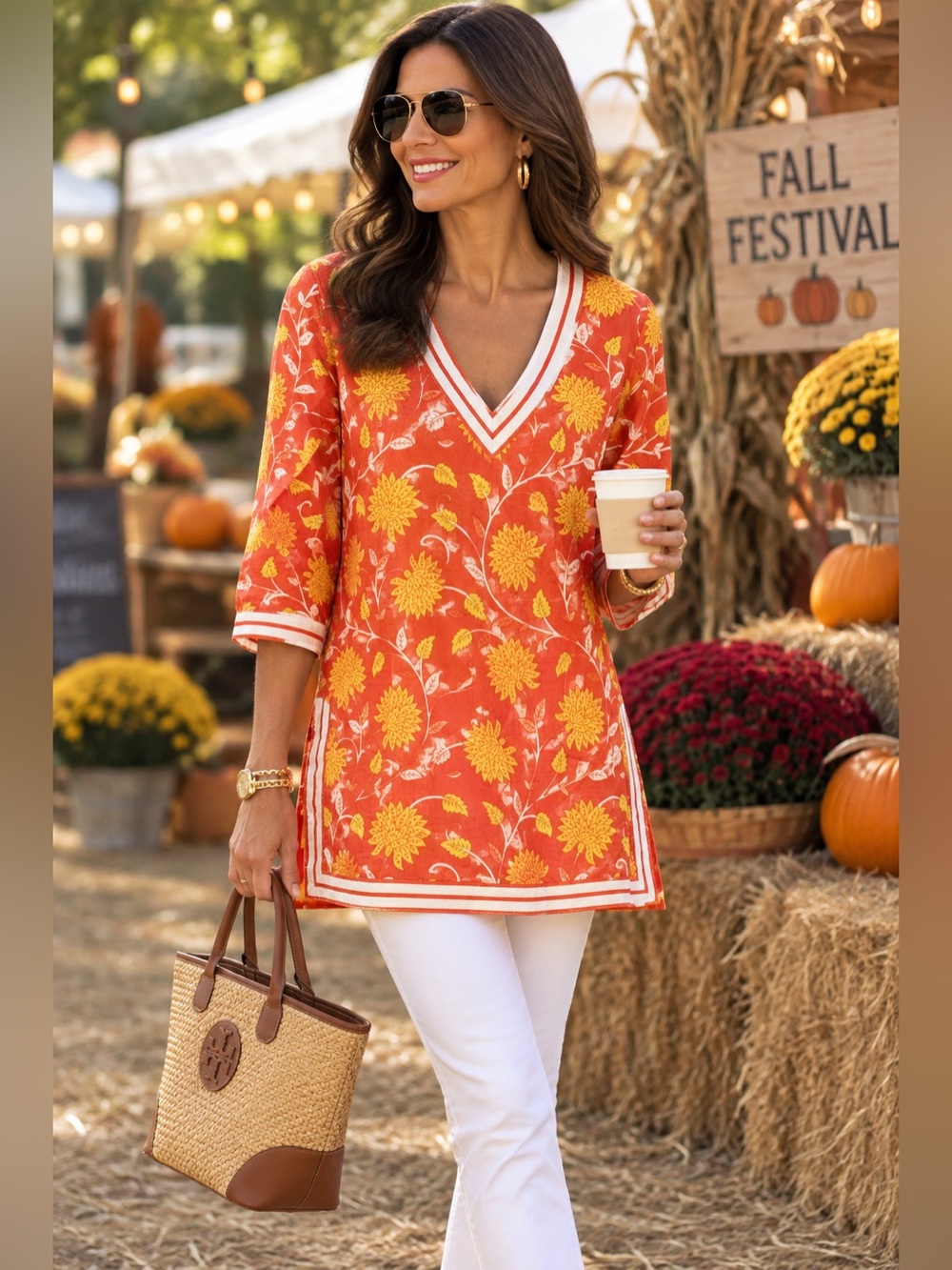 Gretchen Scott Long Sleeve Blouse Orange Yellow Floral Tunic V-Neck Small